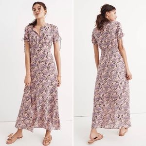 Madewell Silk Tie Sleeve Maxi Dress Size 10 Pink Silk Oasis Palms Keyhole Slit
